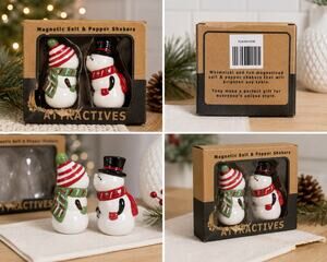 Attractives Snowman Magnetic Salt Pepper Shakers Christmas Ceramic Set NIB